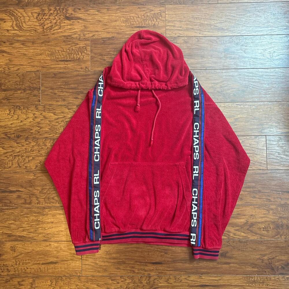 Vintage 90's Chaps Ralph Lauren Red Terry Cloth Logo Taped Fleece Hoodie Size L